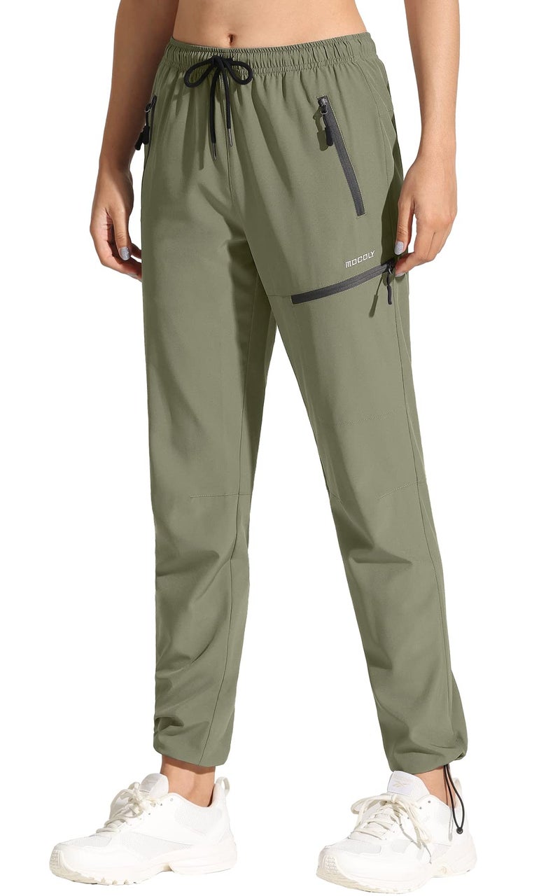 MOCOLY Women's Cargo Hiking Pants Elastic Waist Quick Dry Lightweight Water Resistant Casual Long Pants UPF 50+ Green L - Image 1